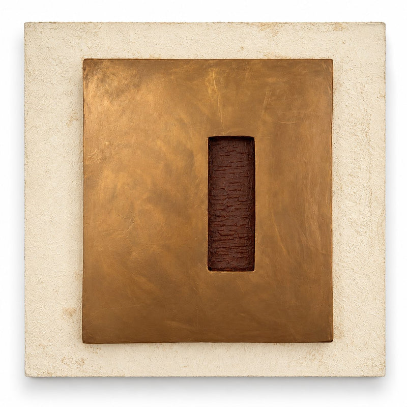 KR 04 Hearth handmade sculptural wall art — a raised bronze plane on a cream plaster border with a recessed oxblood-red void | ACAYA Studio Kruger collection