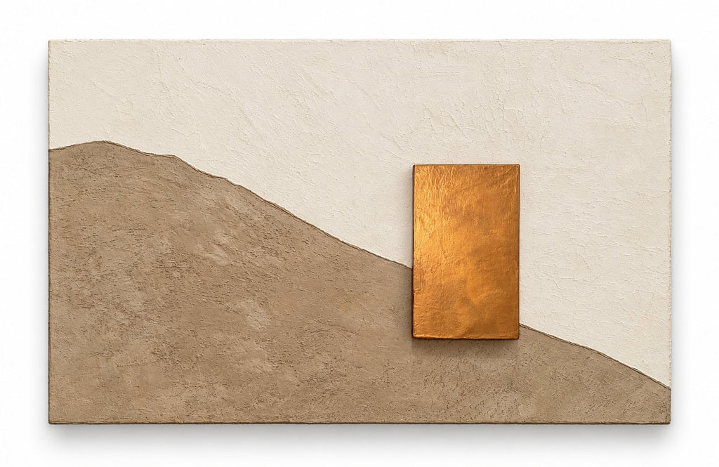 KR 05 Drought handmade sculptural wall art — a raised bronze-and-gold block on a sloping sand-taupe ridge beneath a crackled cream plaster field | ACAYA Studio Kruger collection