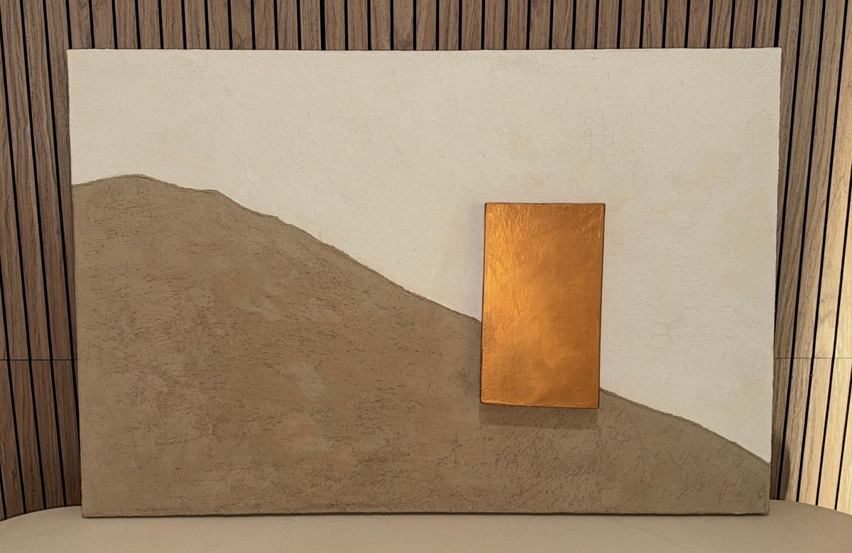 KR 05 Drought handmade plaster wall art, front view against a wood slat wall | ACAYA Studio