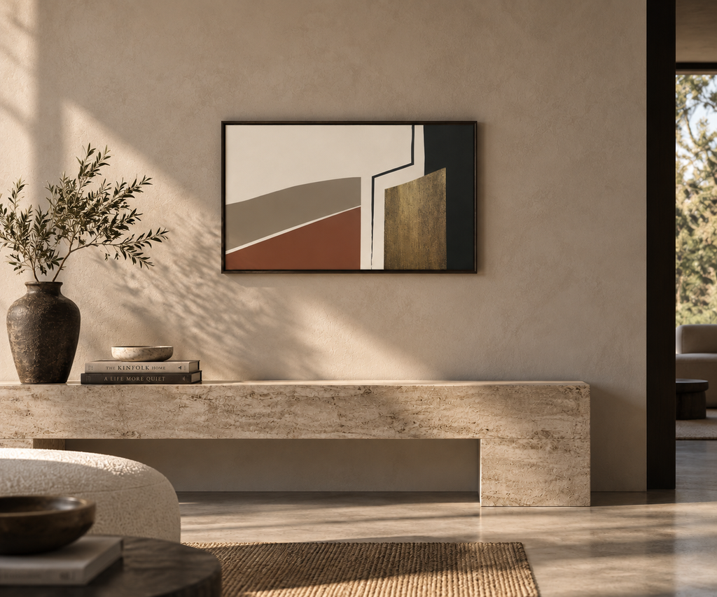 FORM 01 abstract wall art design — stone and rust ochre bands with a gilded metallic column | ACAYA Studio FORM Series