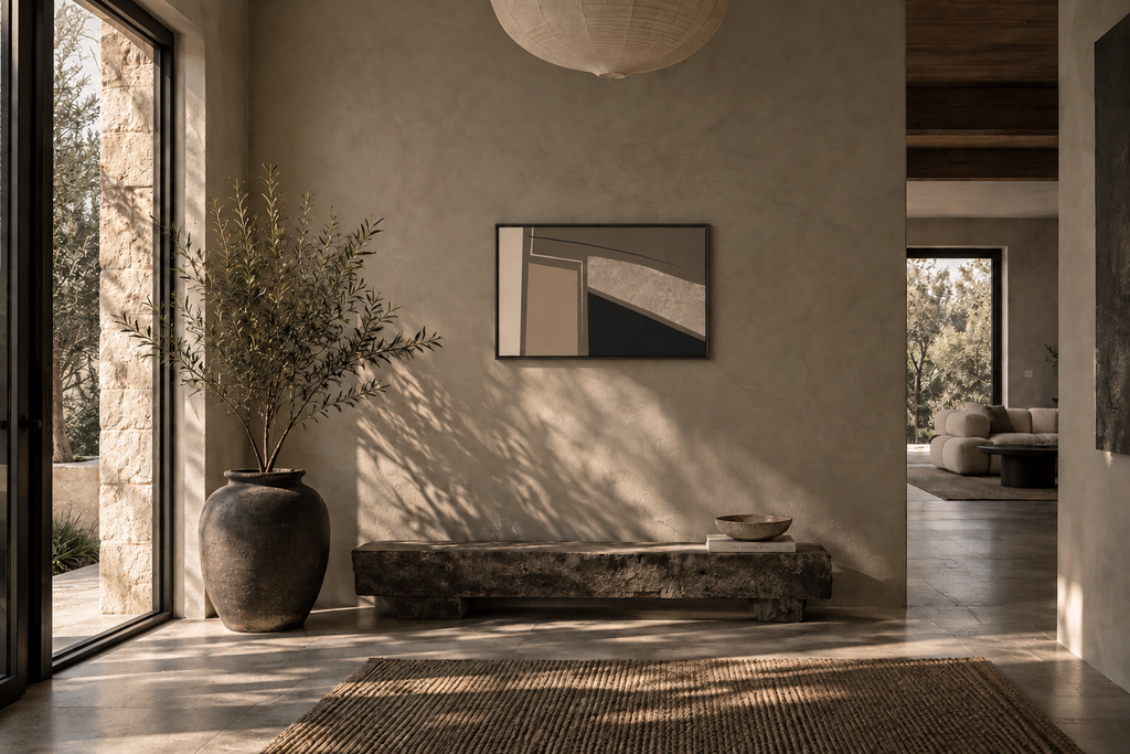 FORM 04 abstract wall art design — a dark line arcing over fractured stone and neutral tones | ACAYA Studio FORM Series