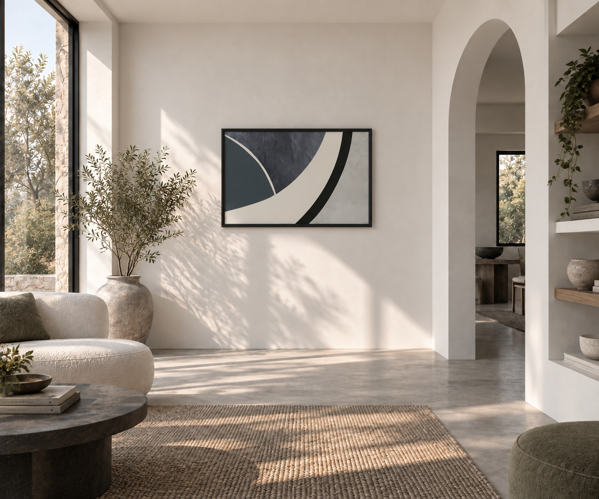 FORM 07 abstract wall art design — a sweeping curve through indigo, teal, and pale stone | ACAYA Studio FORM Series