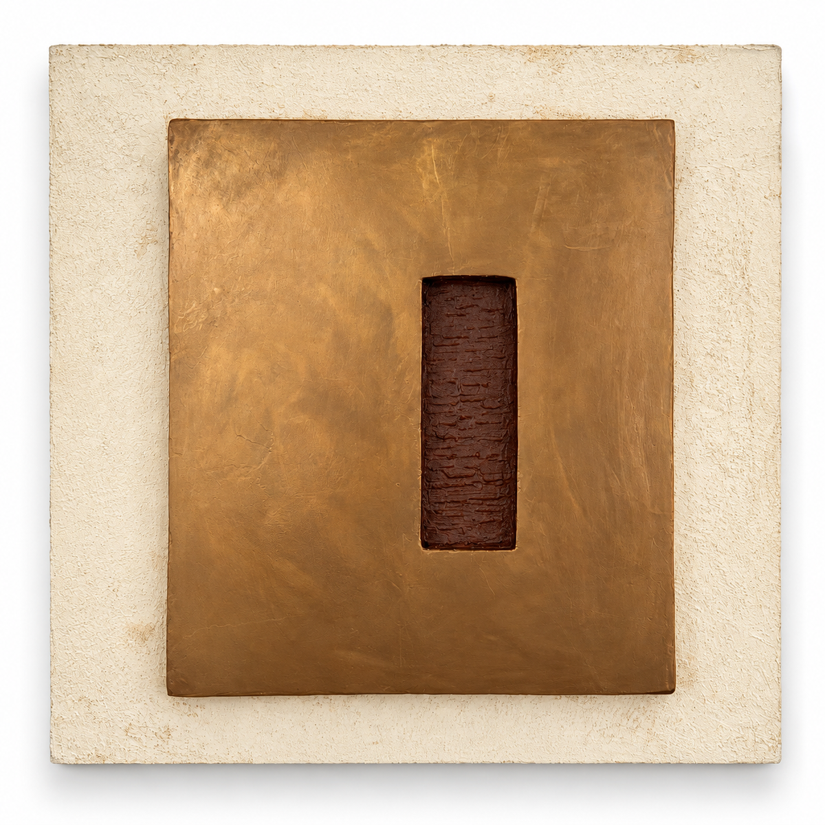 KR 04 Hearth handmade sculptural wall art — raised bronze plane with a recessed oxblood-red void | ACAYA Studio Kruger collection