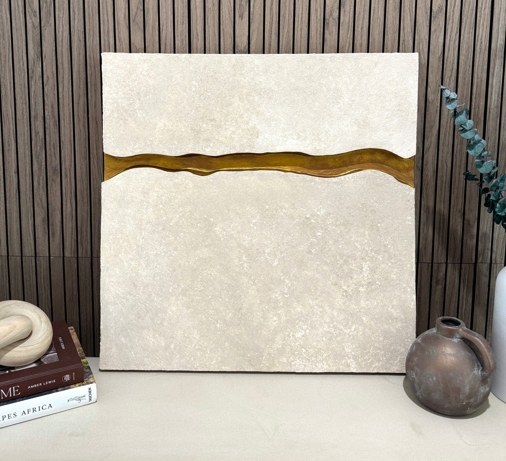 KR 01 Canyon I, alternate angle — two stone-like planes framing an abstract canyon with a metallic reveal | ACAYA Studio Kruger collection