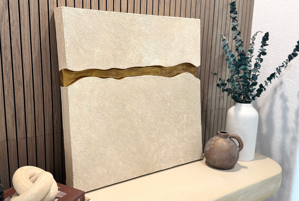 KR 01 Canyon I, alternate angle — two stone-like planes framing an abstract canyon with a metallic reveal | ACAYA Studio Kruger collection