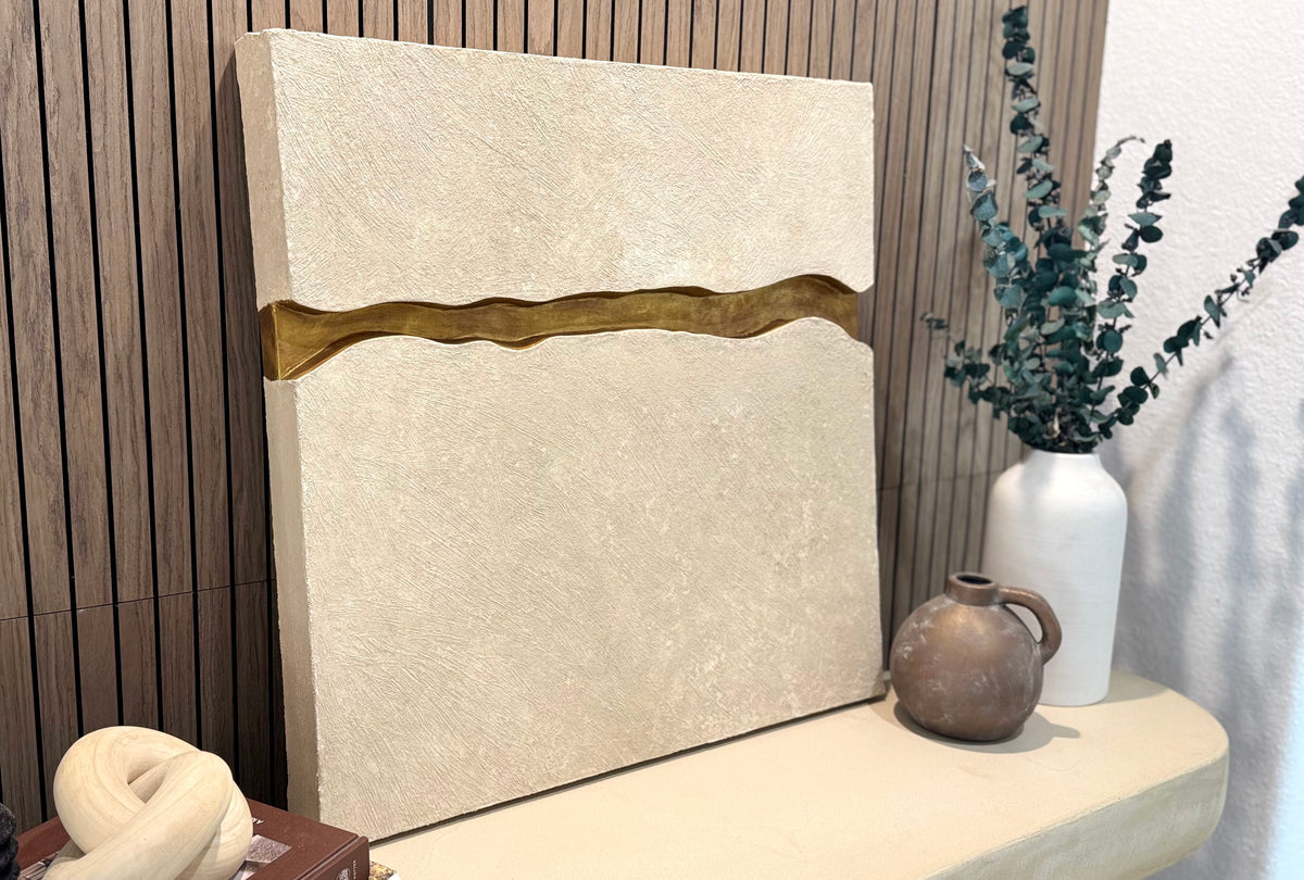 KR 01 Canyon I, alternate angle — two stone-like planes framing an abstract canyon with a metallic reveal | ACAYA Studio Kruger collection