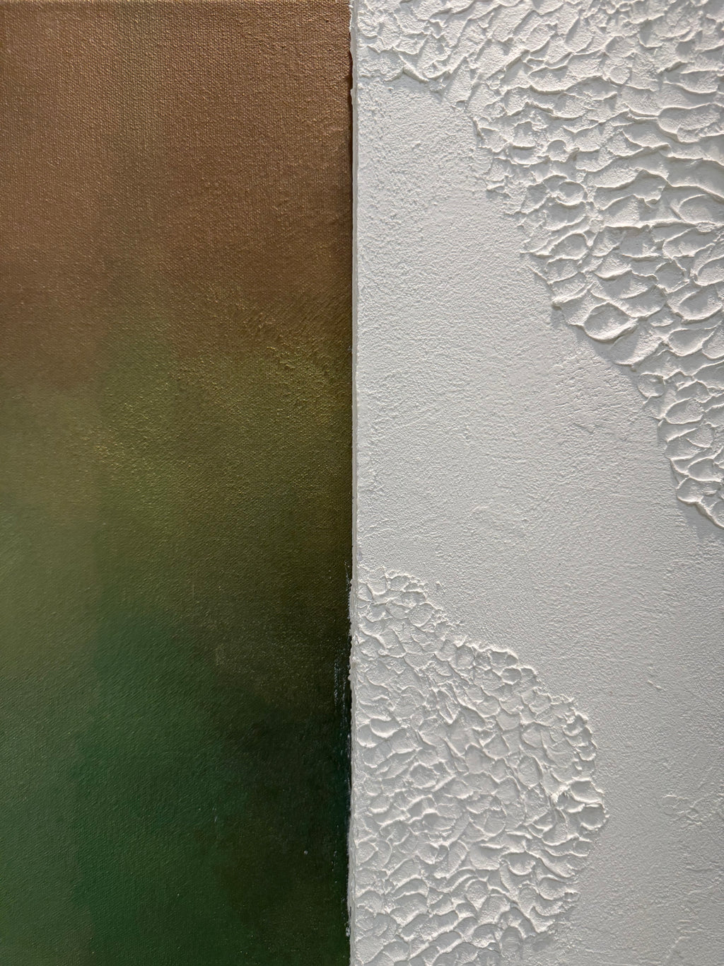 TS 02 Canopy, detail view — moss, olive, and earthy green field paired with a raised plaster plane | ACAYA Studio Tsitsikamma collection