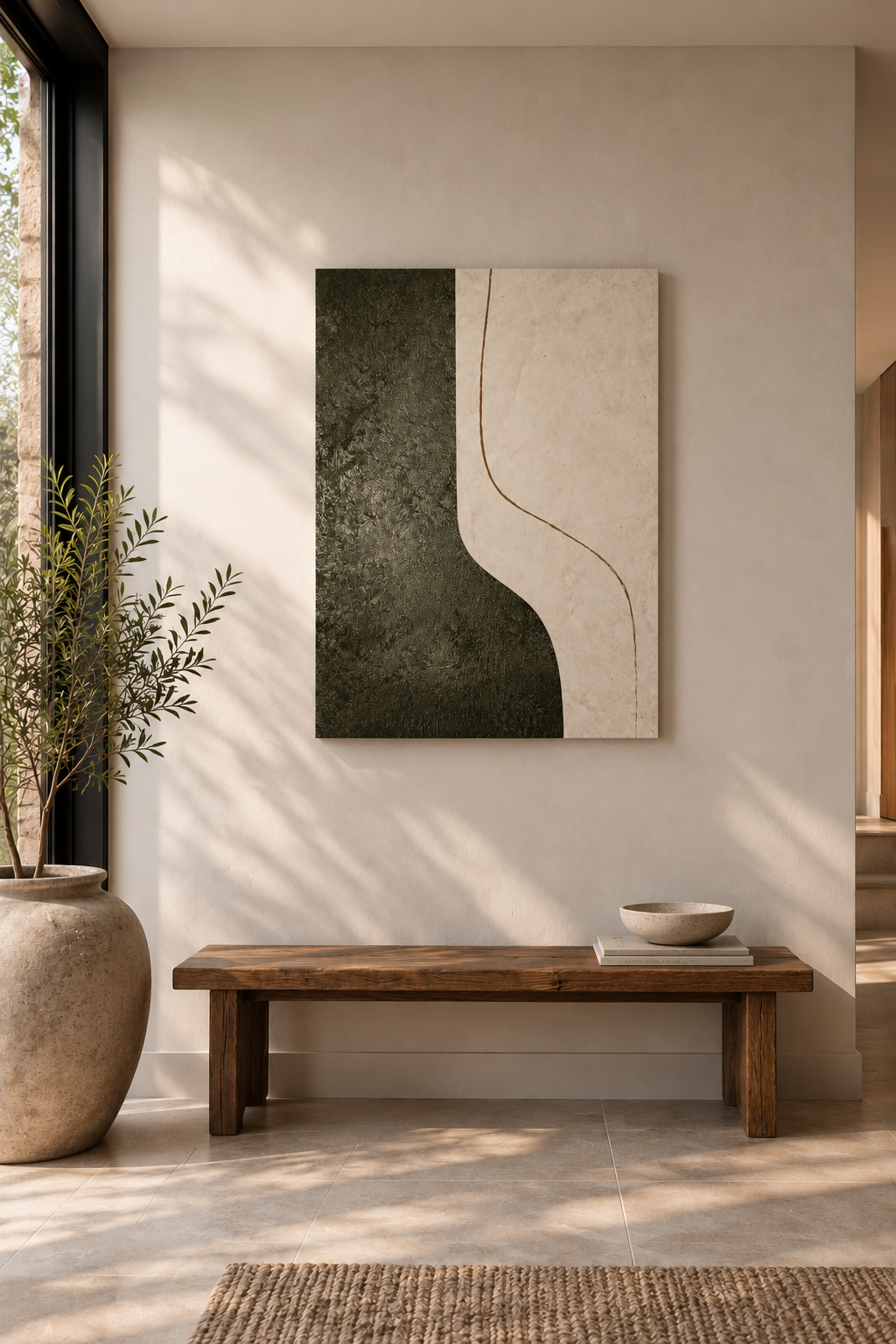 LITHIC 01 olive and cream abstract canvas wall art shown in a styled room | ACAYA Studio