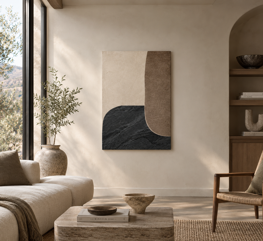 LITHIC 03 charcoal and taupe abstract canvas wall art shown in a styled room | ACAYA Studio