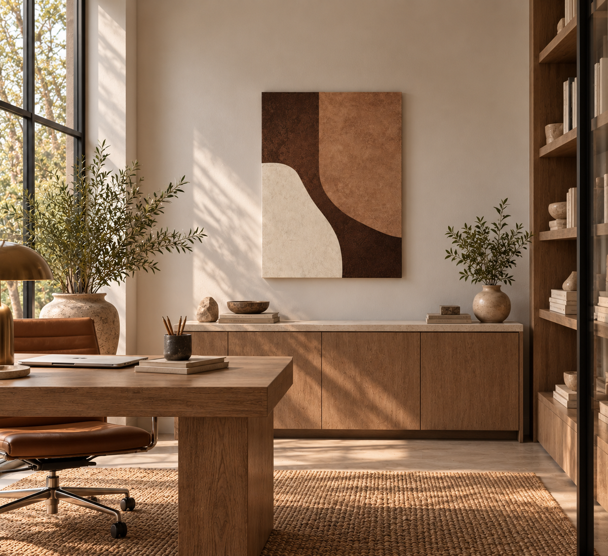 LITHIC 04 chocolate and clay abstract canvas wall art shown in a styled room | ACAYA Studio