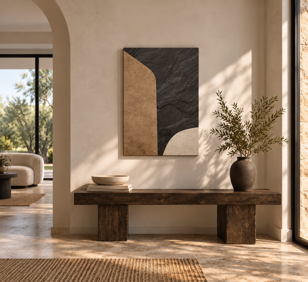 LITHIC 05 bronze and slate abstract canvas wall art shown in a styled room | ACAYA Studio