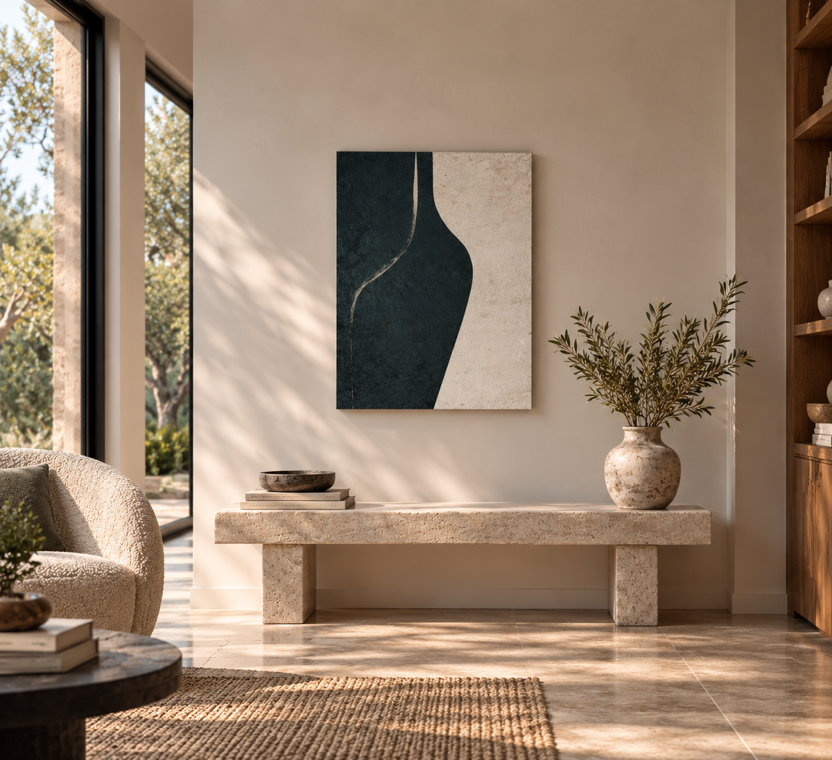 LITHIC 06 teal and stone abstract canvas wall art shown in a styled room | ACAYA Studio
