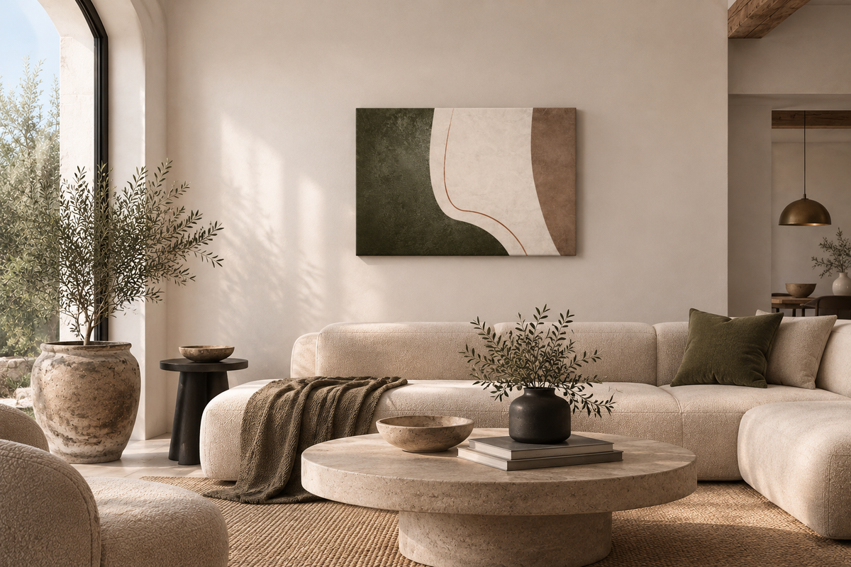 LITHIC 07 olive and rust horizontal abstract canvas wall art shown in a styled room | ACAYA Studio