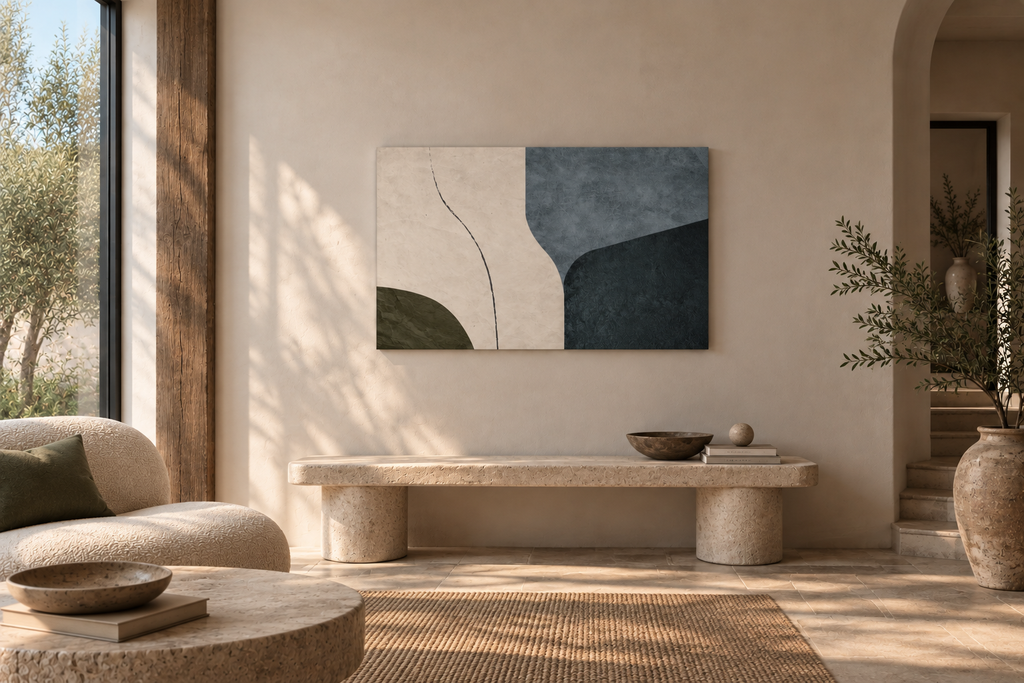 LITHIC 08 blue and stone horizontal abstract canvas wall art shown in a styled room | ACAYA Studio