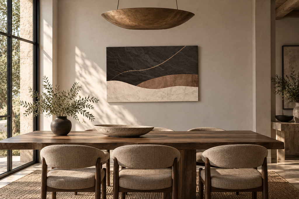 LITHIC 09 umber and rust horizontal abstract canvas wall art shown in a styled room | ACAYA Studio