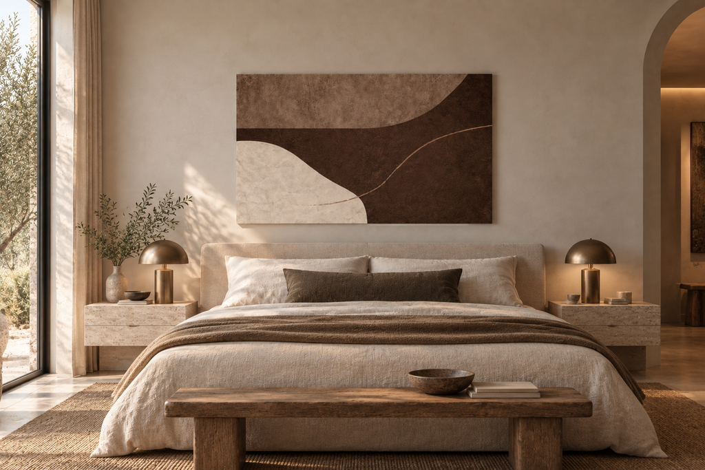 LITHIC 10 taupe and chocolate horizontal abstract canvas wall art shown in a styled room | ACAYA Studio