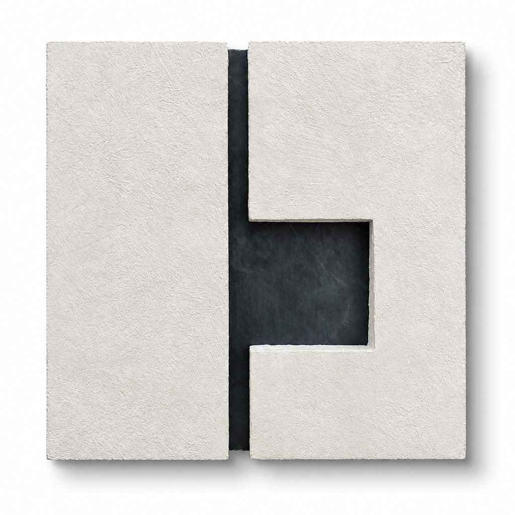 TS 03 Current handmade sculptural wall art — two pale stone planes separated by a recessed gunmetal passage | ACAYA Studio Tsitsikamma collection