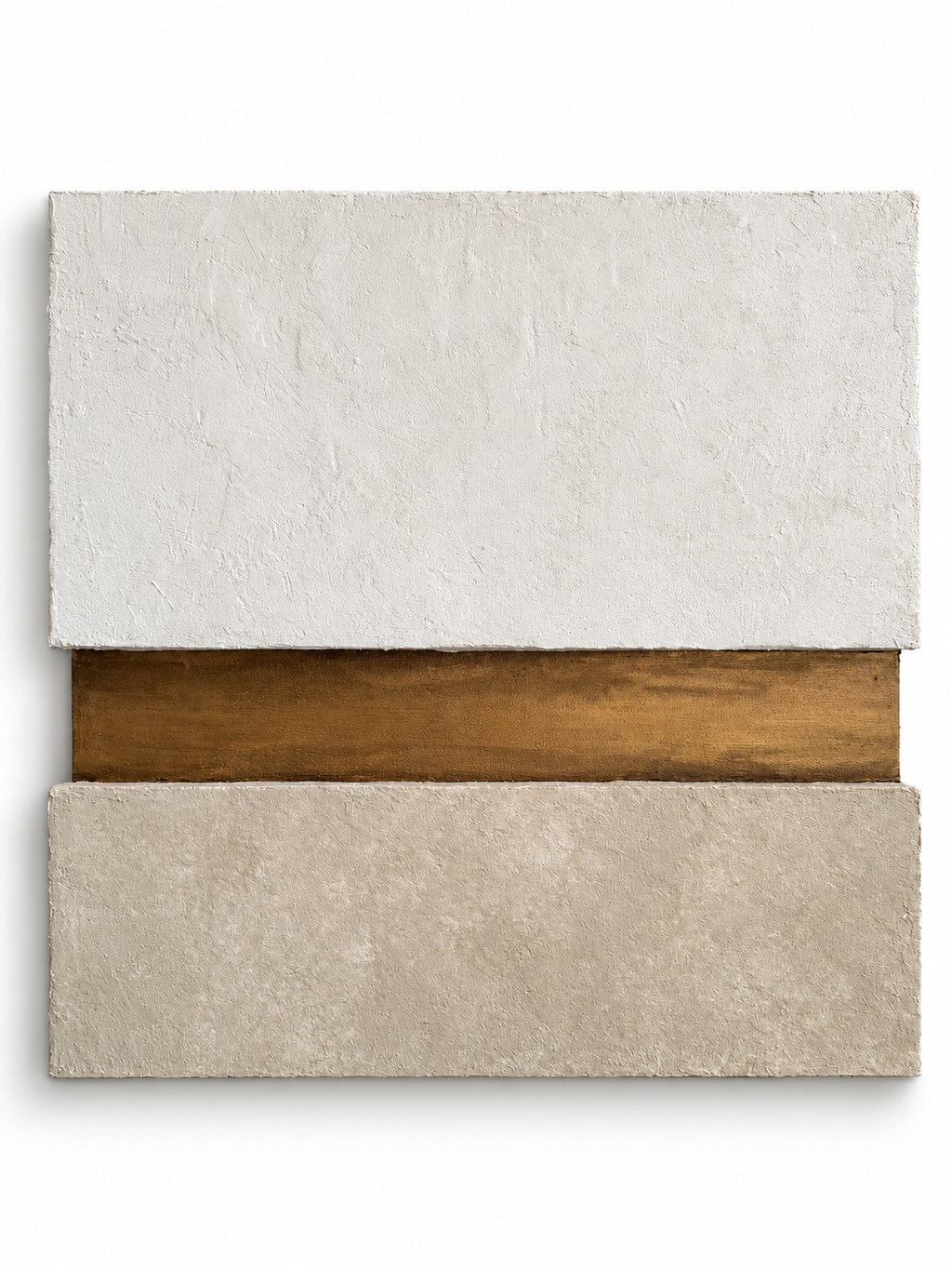 KR 03 Strata handmade sculptural wall art — pale and taupe plaster planes stacked around a recessed gold-and-bronze band | ACAYA Studio Kruger collection