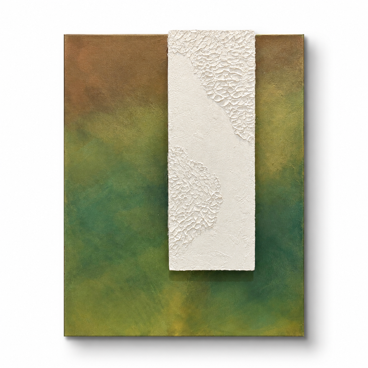 TS 02 Canopy handmade sculptural wall art — moss, olive, and earthy green field paired with a raised plaster plane | ACAYA Studio Tsitsikamma collection