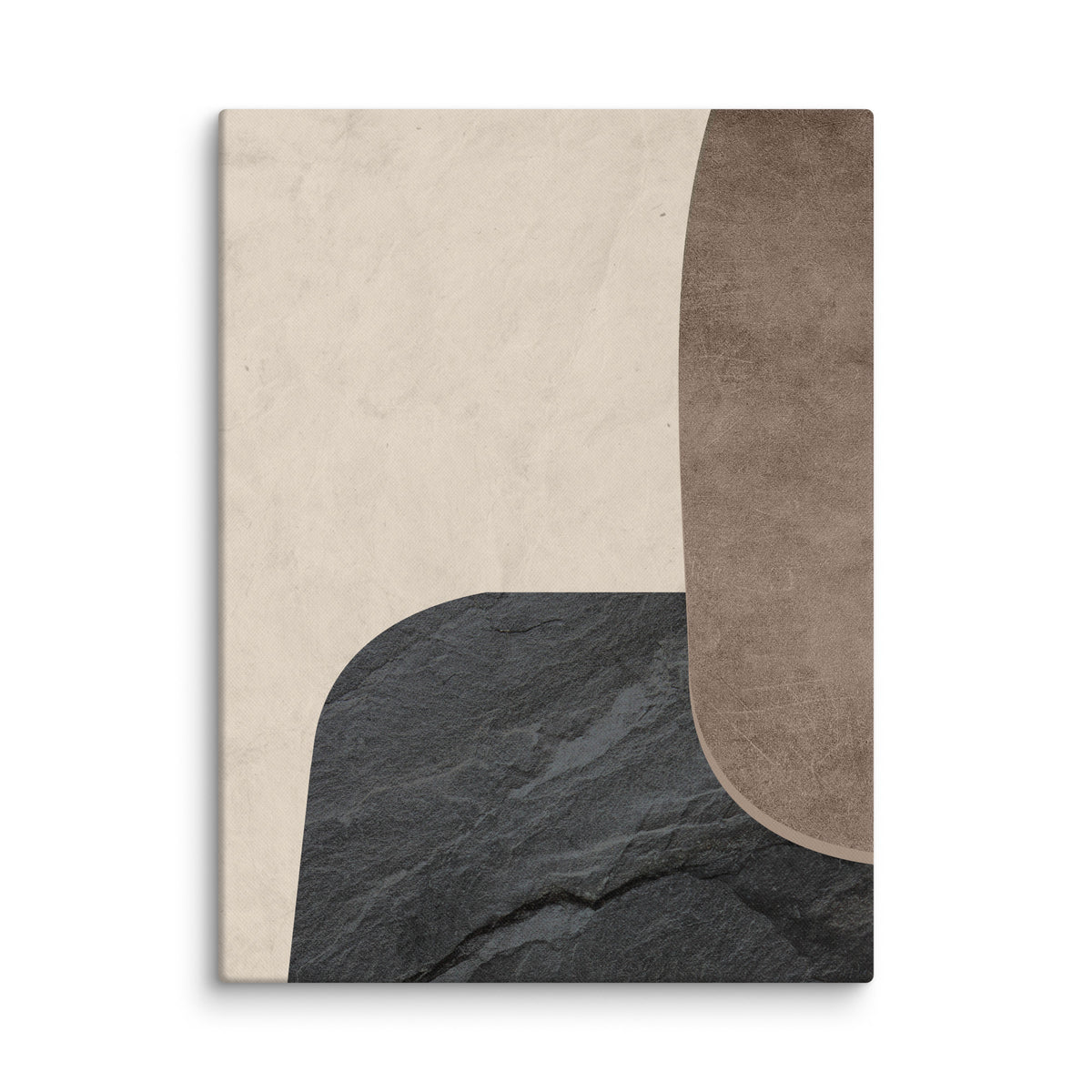 LITHIC 03 abstract canvas print — charcoal slate slab and tall taupe form on a pale cream field