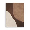 LITHIC 04 abstract canvas print — terracotta clay form and pale cream stone on a deep chocolate-brown field
