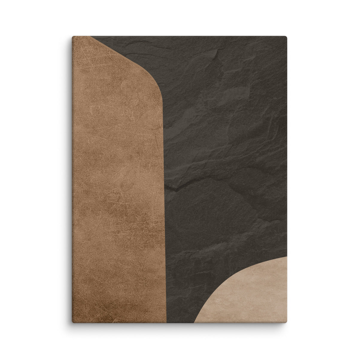 LITHIC 05 abstract canvas print — burnished bronze column beside dark cleft slate, with a pale sand-colored curve at the base
