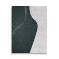 LITHIC 06 abstract canvas print — deep teal-black vessel-like form beside pale weathered stone, with a fine taupe line
