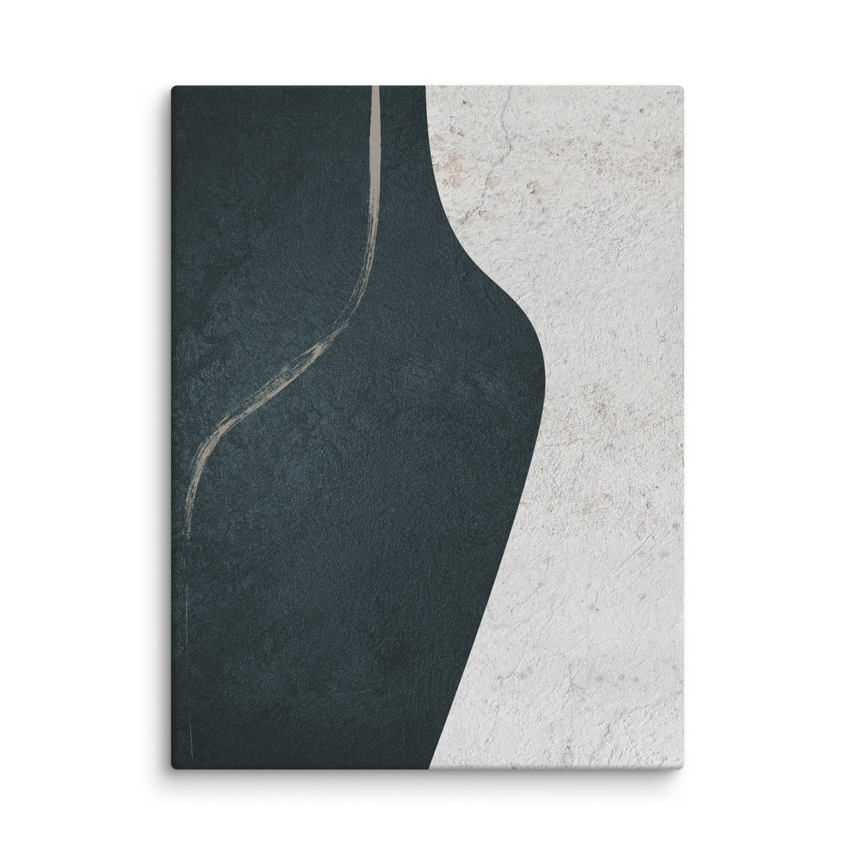LITHIC 06 abstract canvas print — deep teal-black vessel-like form beside pale weathered stone, with a fine taupe line