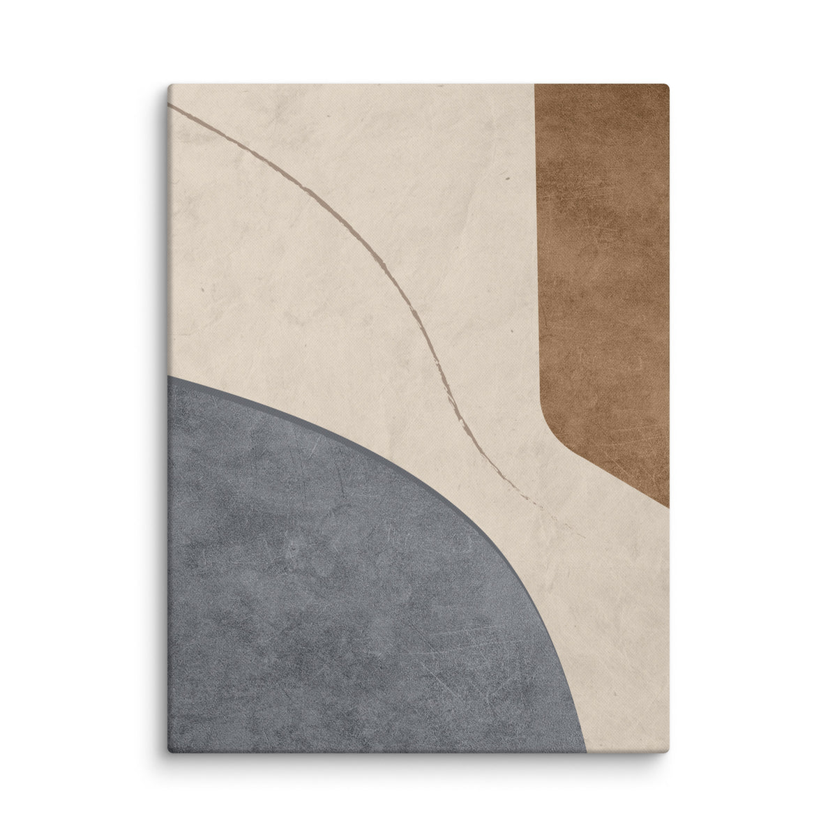 LITHIC 02 abstract canvas print — slate-grey stone form and copper-brown block on a pale cream field, with a fine taupe line