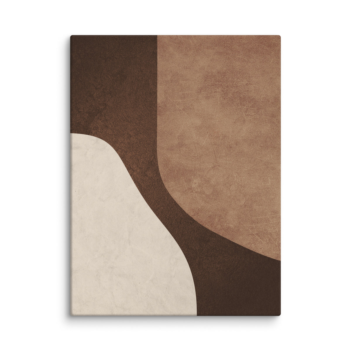 LITHIC 04 abstract canvas print — terracotta clay form and pale cream stone on a deep chocolate-brown field