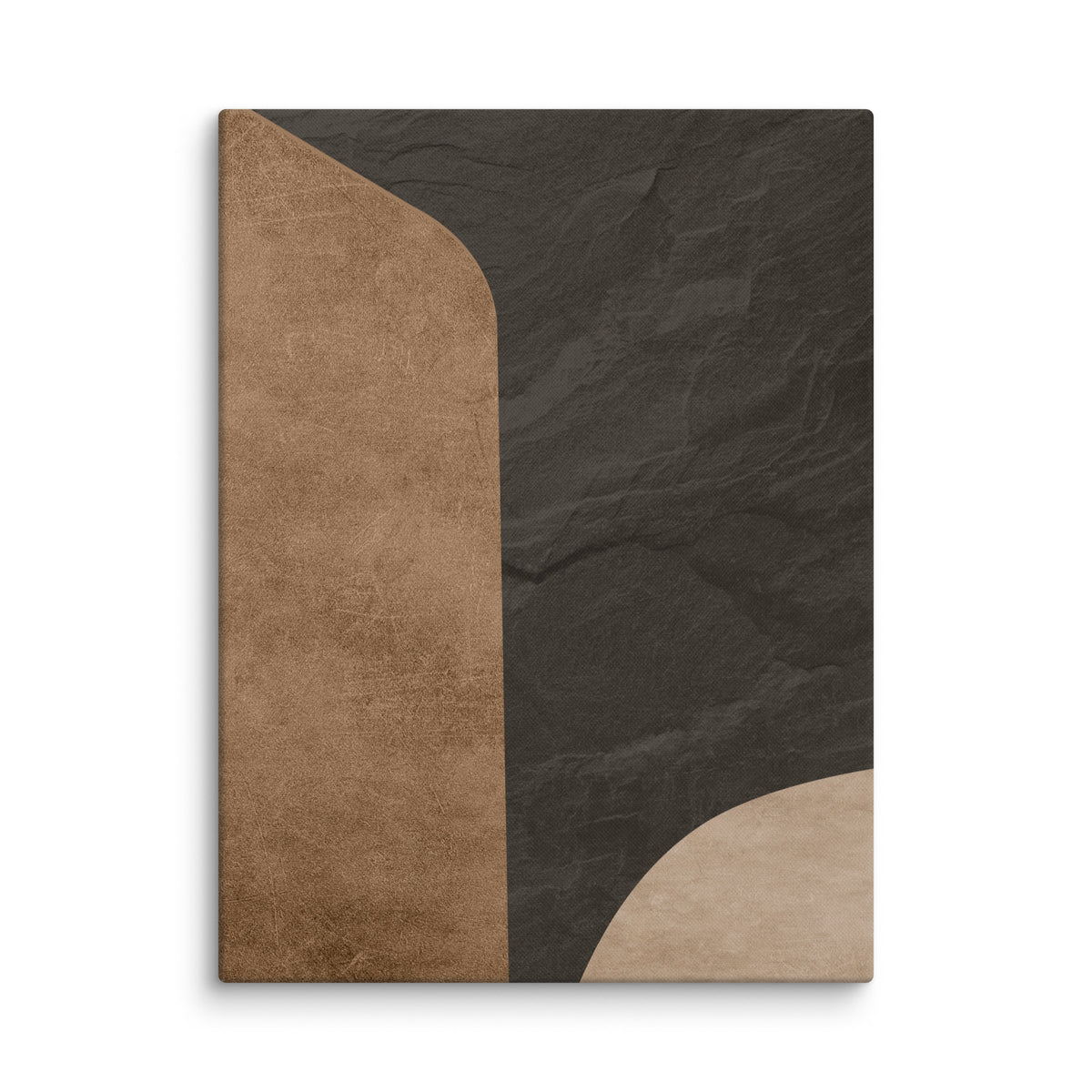 LITHIC 05 abstract canvas print — burnished bronze column beside dark cleft slate, with a pale sand-colored curve at the base
