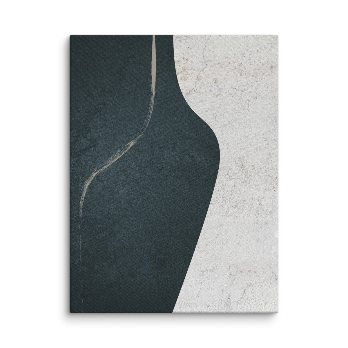 LITHIC 06 abstract canvas print — deep teal-black vessel-like form beside pale weathered stone, with a fine taupe line