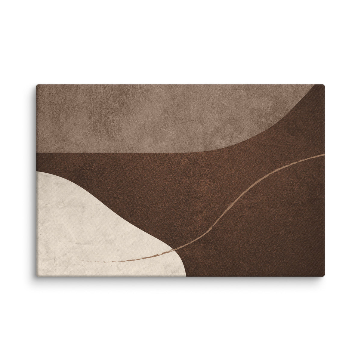 LITHIC 10 horizontal canvas print, 32×48 — mushroom-taupe arc over deep chocolate-brown with a pale cream stone form | ACAYA Studio
