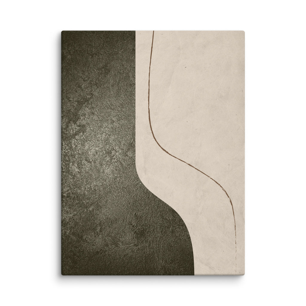 LITHIC 01 abstract canvas print — dark olive textured field curving against pale cream, with a fine brown line