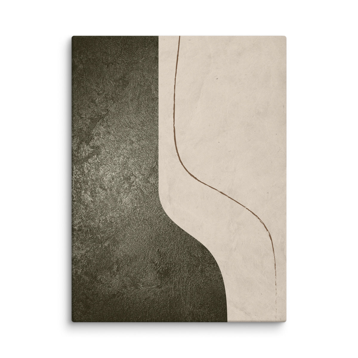 LITHIC 01 abstract canvas print — dark olive textured field curving against pale cream, with a fine brown line