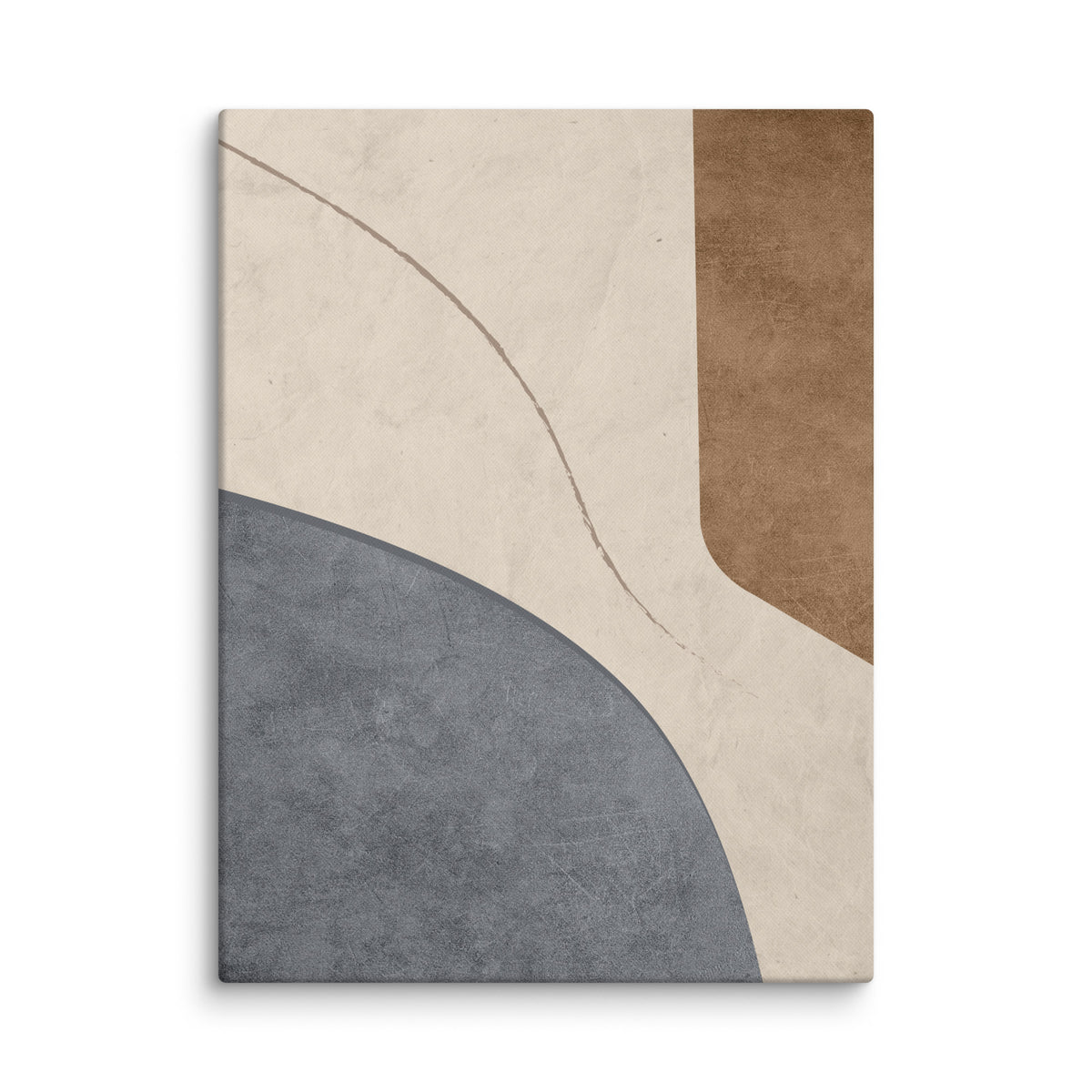 LITHIC 02 abstract canvas print — slate-grey stone form and copper-brown block on a pale cream field, with a fine taupe line
