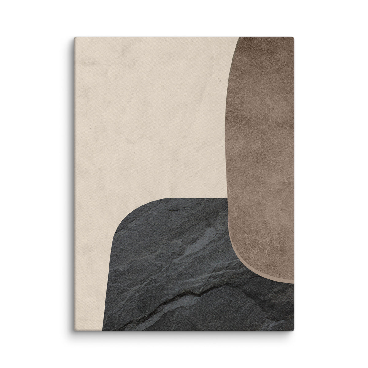LITHIC 03 abstract canvas print — charcoal slate slab and tall taupe form on a pale cream field