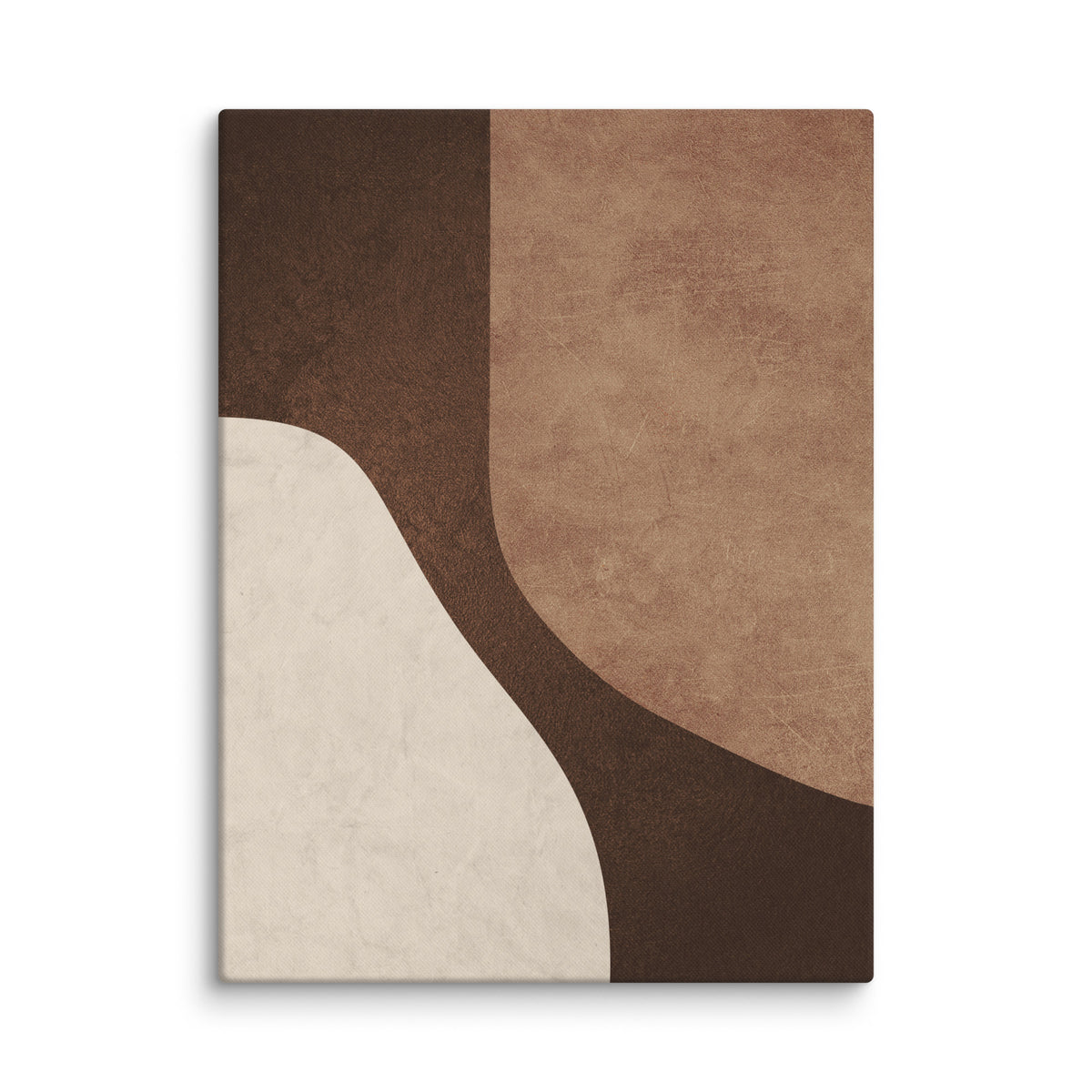 LITHIC 04 abstract canvas print — terracotta clay form and pale cream stone on a deep chocolate-brown field