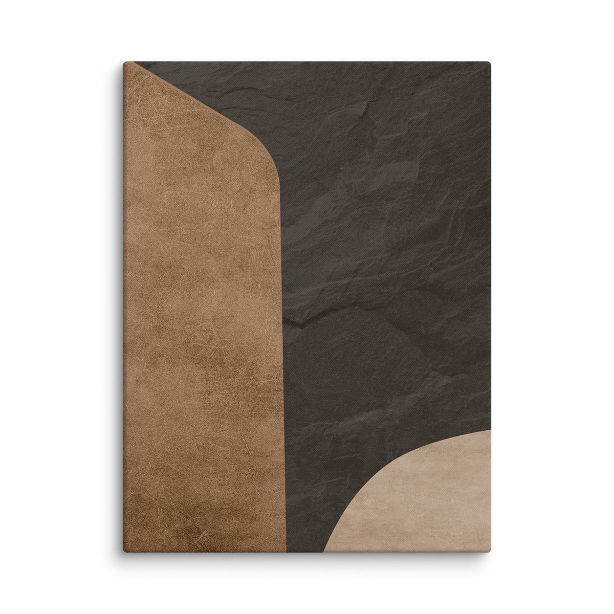 LITHIC 05 abstract canvas print — burnished bronze column beside dark cleft slate, with a pale sand-colored curve at the base