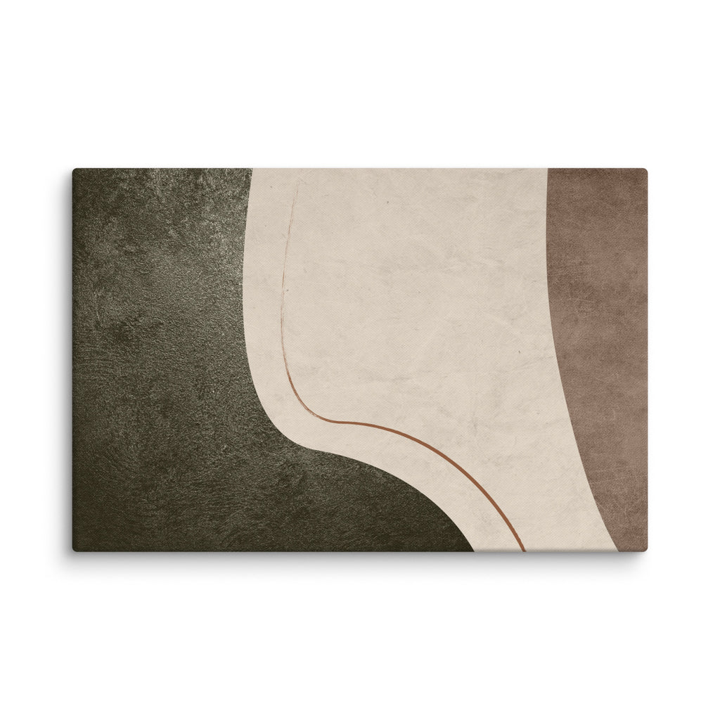 LITHIC 07 landscape canvas print, 32×48 — dark olive-black mineral beside a sweeping pale stone form with a fine rust line and mauve-brown clay