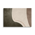 LITHIC 07 landscape canvas print, 32×48 — dark olive-black mineral beside a sweeping pale stone form with a fine rust line and mauve-brown clay