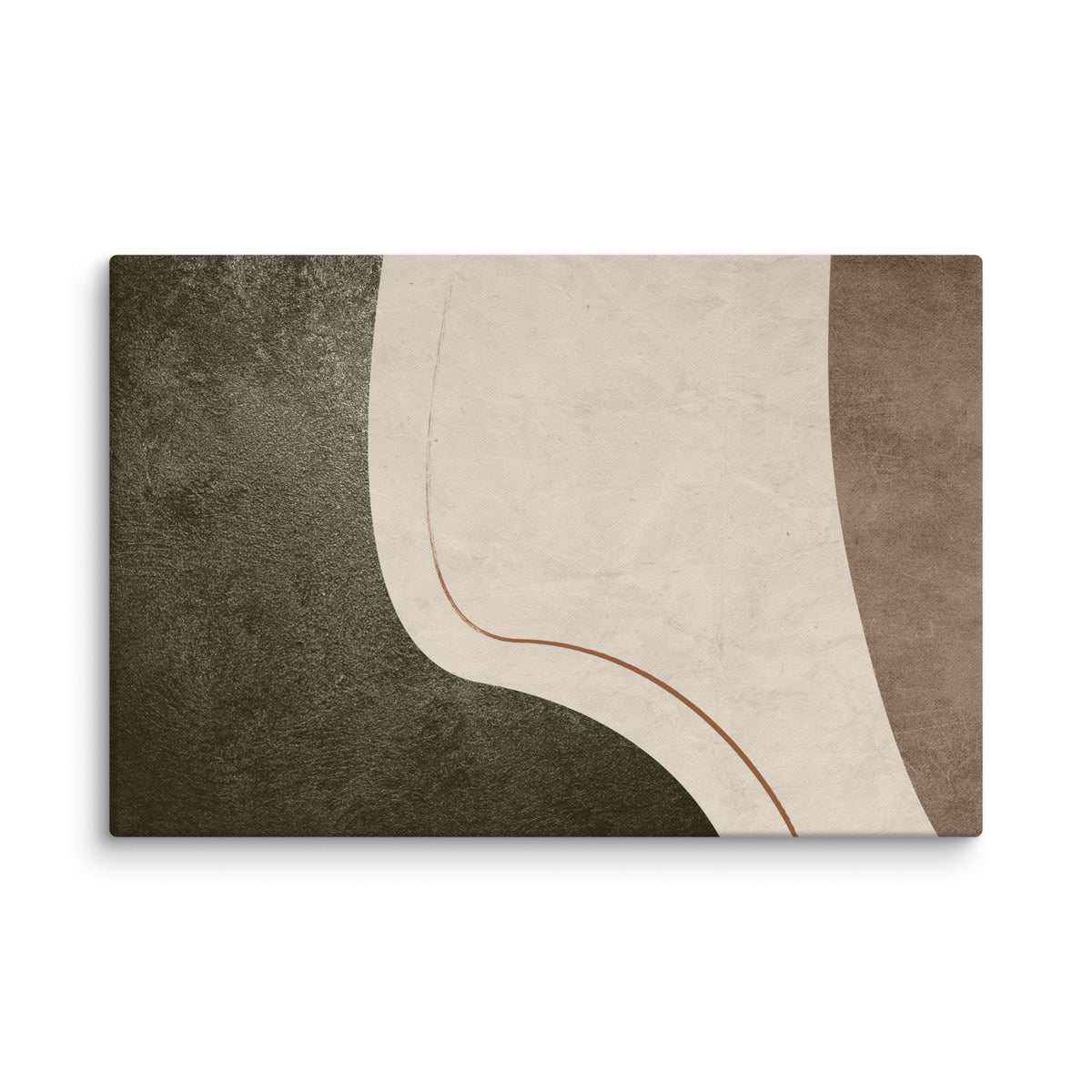 LITHIC 07 landscape canvas print, 32×48 — dark olive-black mineral beside a sweeping pale stone form with a fine rust line and mauve-brown clay
