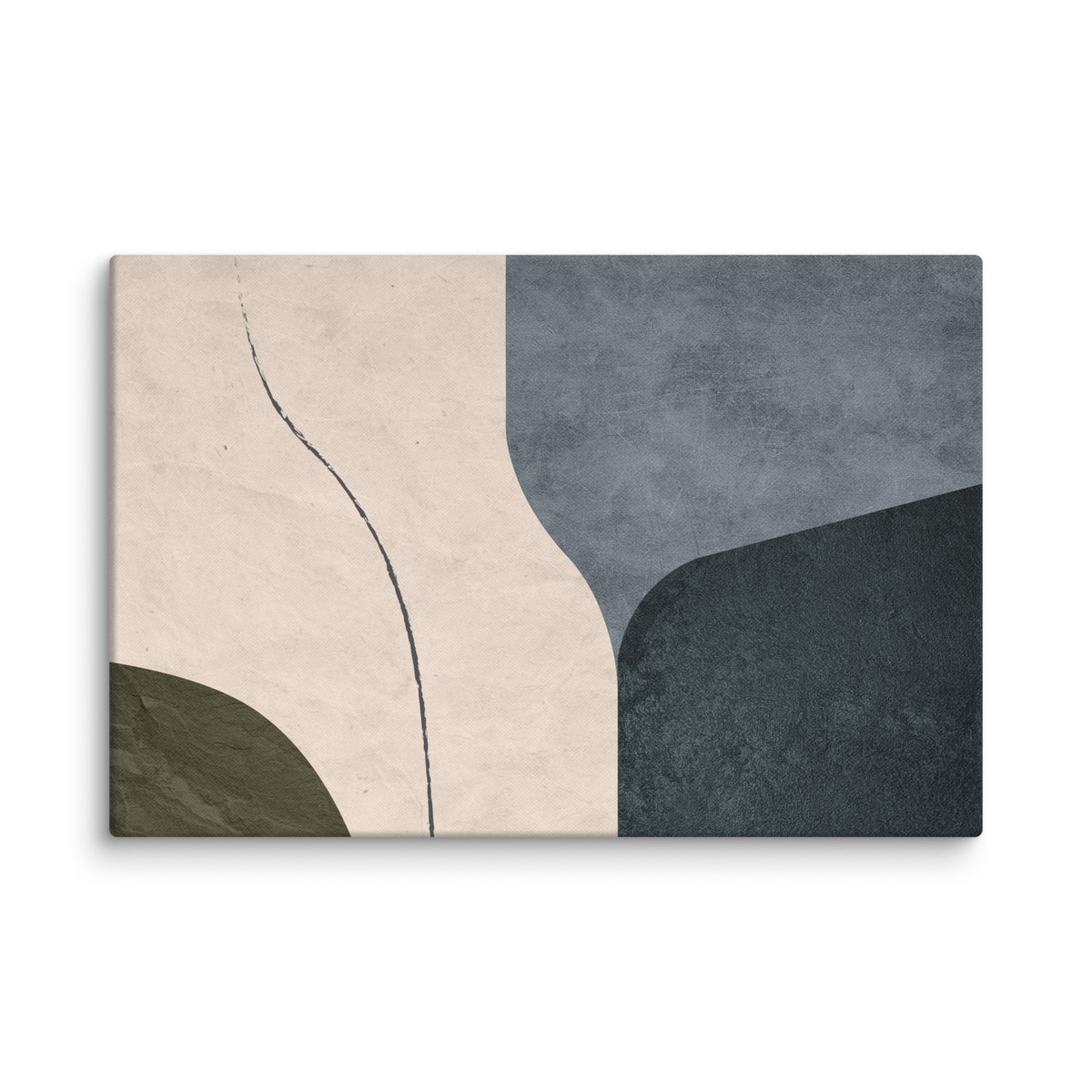 LITHIC 08 landscape canvas print, 32×48 — pale weathered stone with a charcoal fissure, olive slate, and blue-grey and ink-blue forms