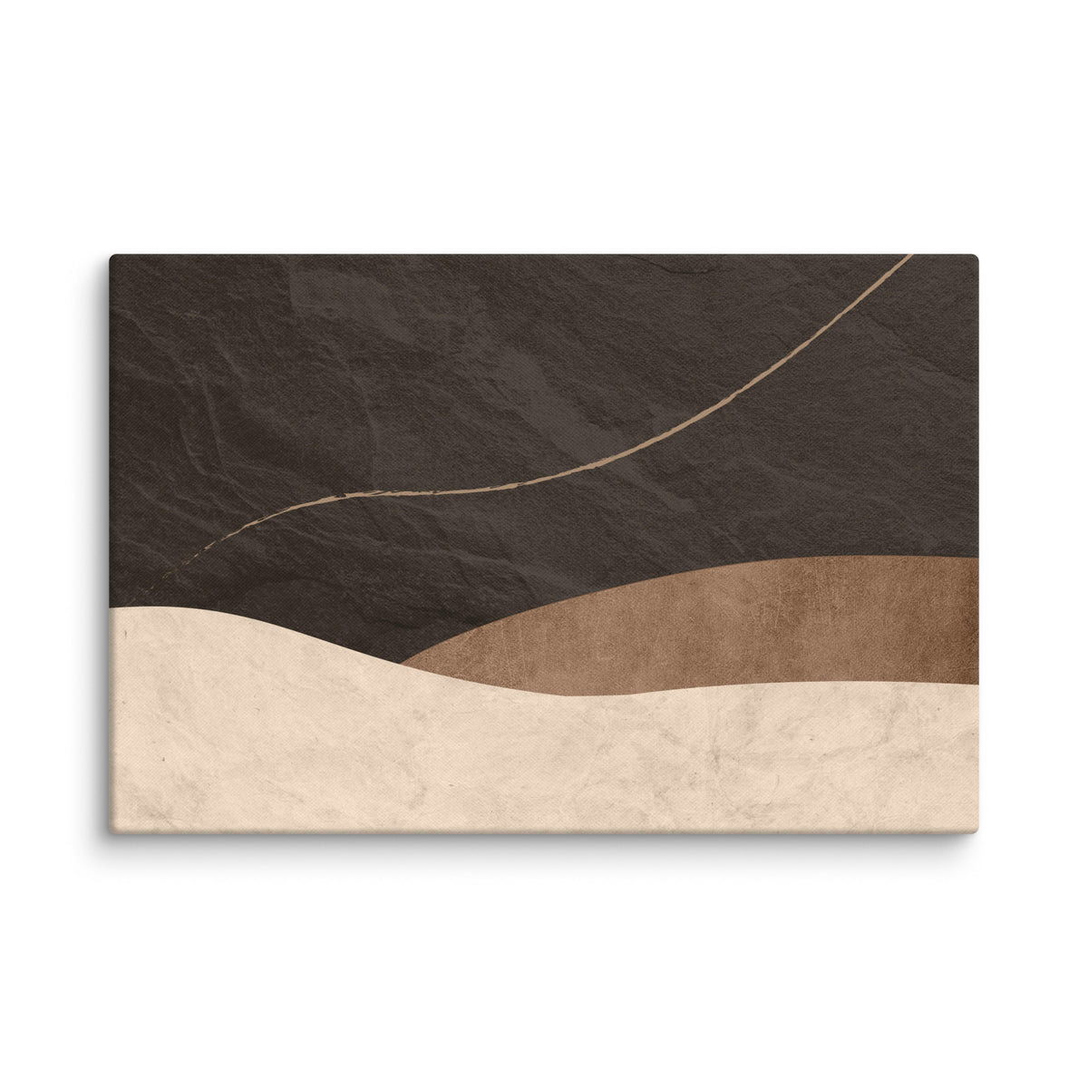 LITHIC 09 landscape canvas print, 32×48 — dark umber slate cut by a fine taupe line above layered rust-brown and pale cream horizons