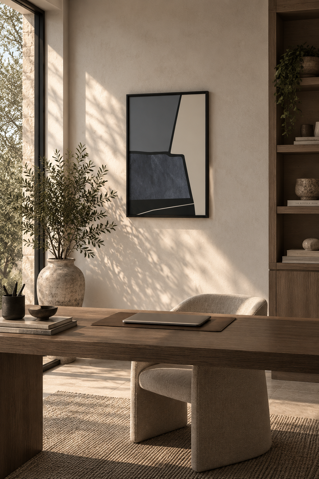 FORM 10 abstract wall art design — torn black edge dividing slate-gray, cream, and scratched slate-blue | ACAYA Studio FORM Series