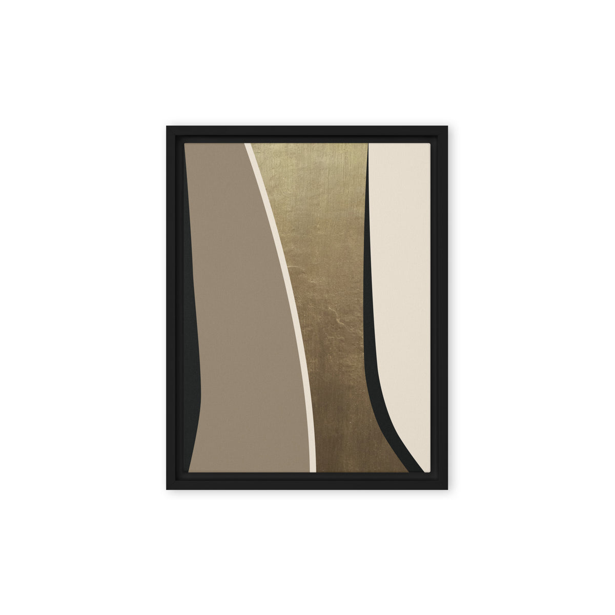 FORM 08 framed abstract canvas print, black frame, 12×16 in — black and taupe bands parting around a metallic gold channel | ACAYA Studio FORM Series