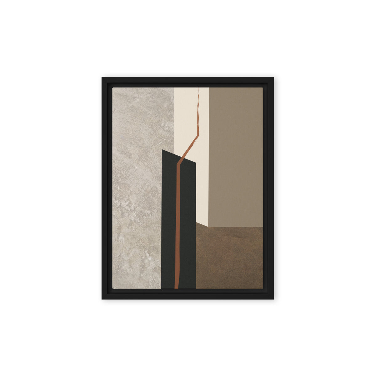 FORM 09 framed abstract canvas print, black frame, 12×16 in — rust-orange fault line through black, cream, taupe, and metallic bronze | ACAYA Studio FORM Series