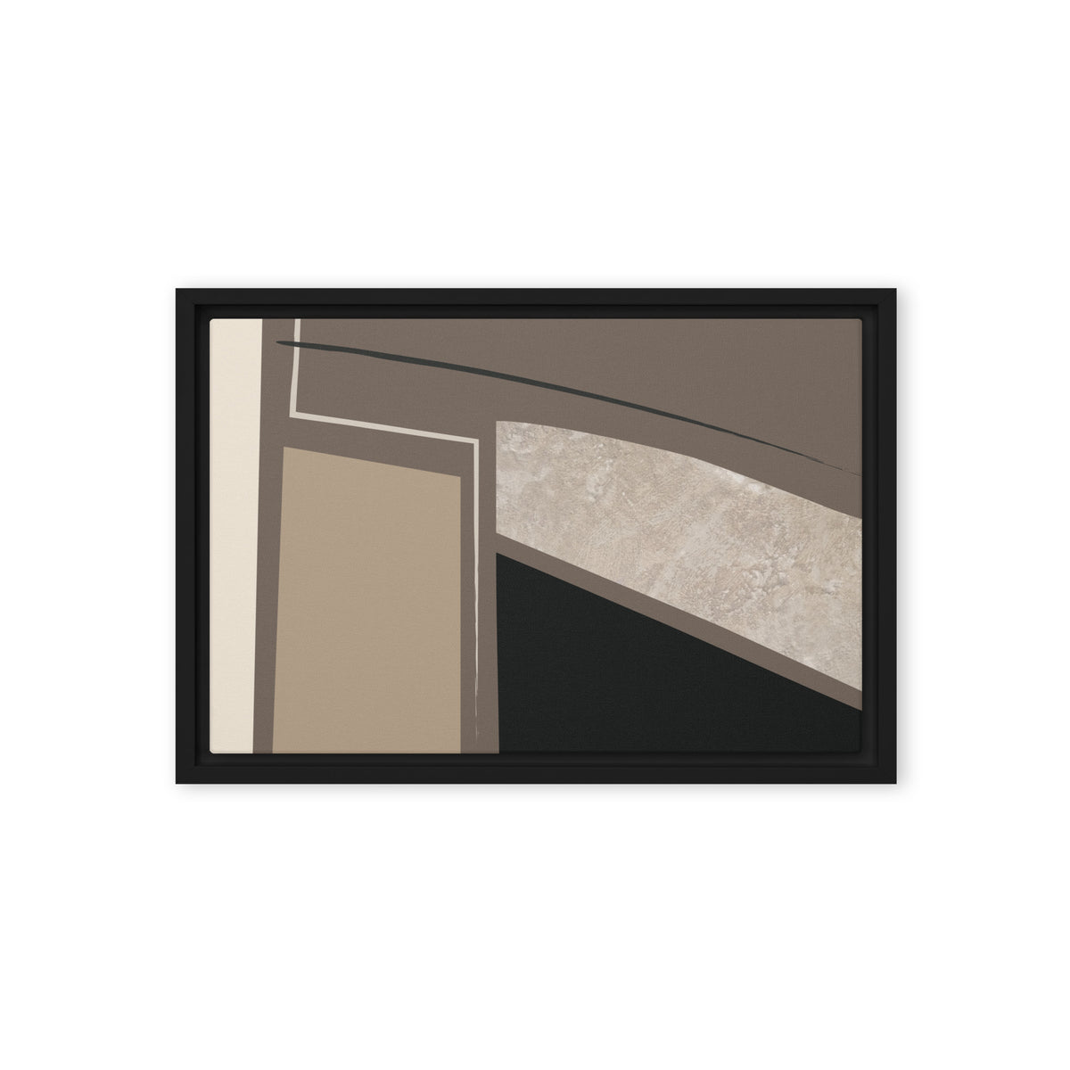 FORM 04 framed abstract canvas print, black frame, 12×18 in — a dark line arcing over fractured stone and neutral tones | ACAYA Studio FORM Series
