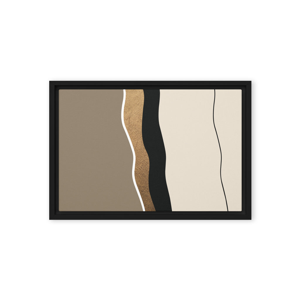 FORM 05 framed abstract canvas print, black frame, 12×18 in — a hand-worked metallic gold seam through taupe and black | ACAYA Studio FORM Series