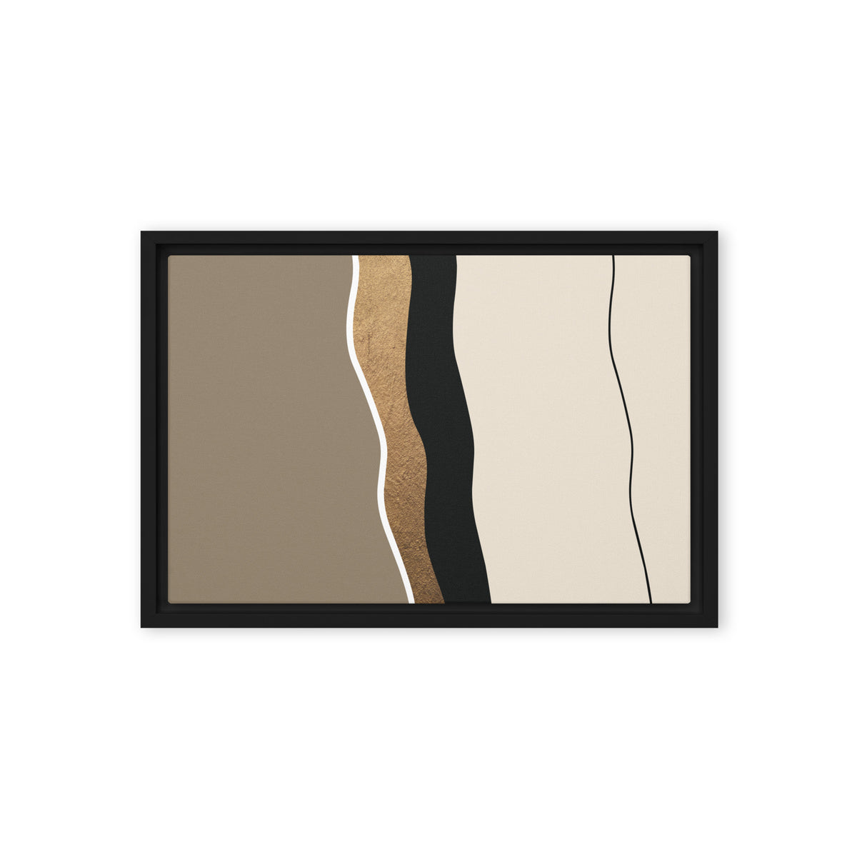 FORM 05 framed abstract canvas print, black frame, 12×18 in — a hand-worked metallic gold seam through taupe and black | ACAYA Studio FORM Series